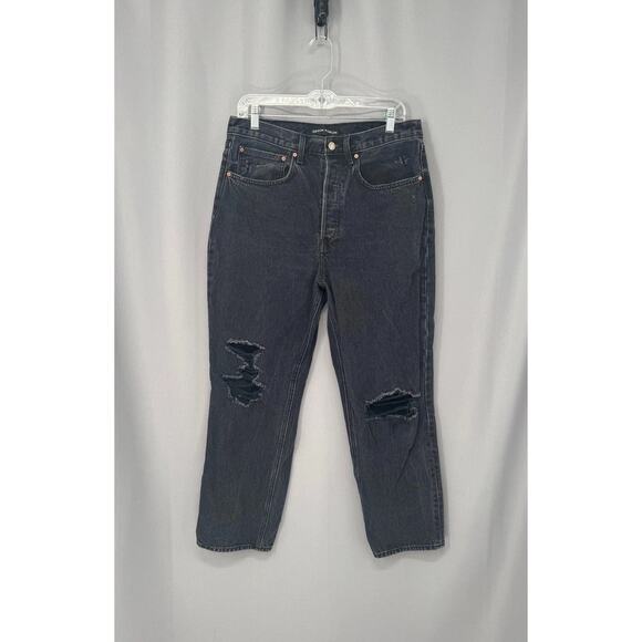 Aritzia Denim Forum Jeans Womens 30 Black Joni High Rise 26L Loose Distressed - Picture 1 of 16